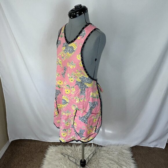 Vintage Scottie Dog Floral Apron Pink Black Trim - Picture 3 of 5